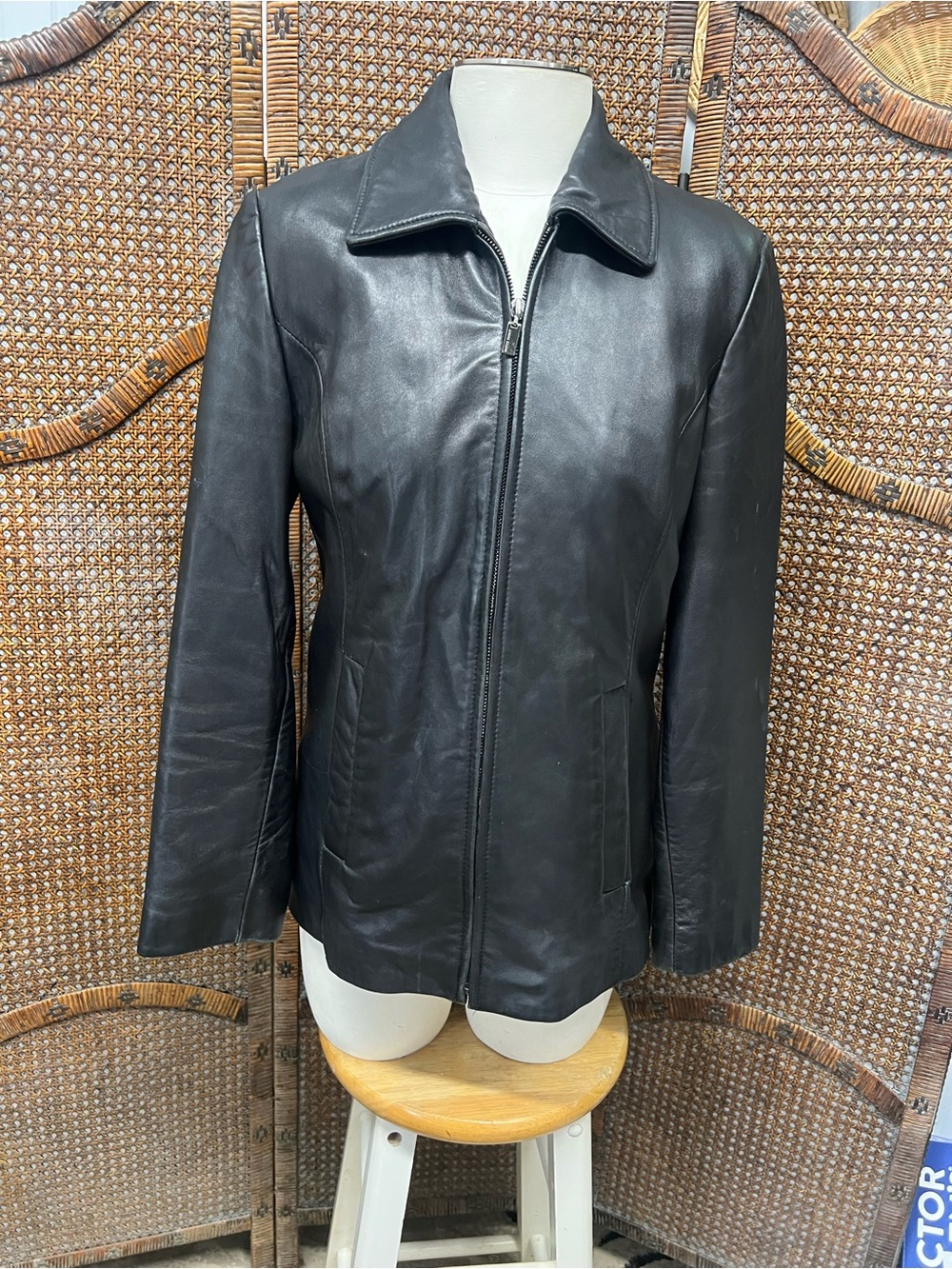 Anne Klein black leather coat jacket removable liner small